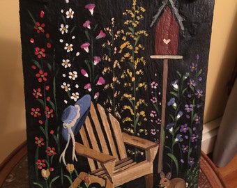 Handpainted Garden Slate with Adirondack Chair // Made to Order