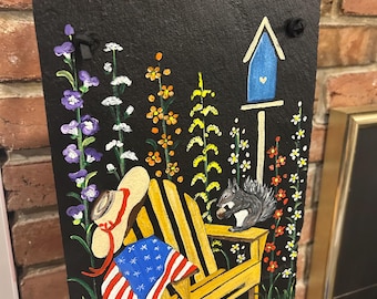 Handpainted Garden Slate with Adirondack Chair and American Flag // Made to Order