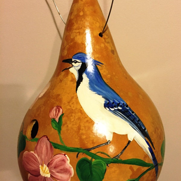 Handpainted Gourd Birdhouse with Blue Jay & Pink Dogwood Flowers