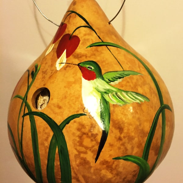 Handpainted Gourd Birdhouse with Hummingbird and Bleeding Hearts