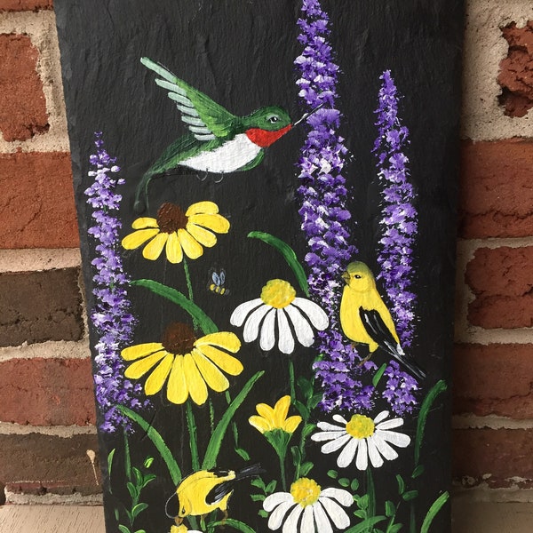 Hand-painted Slate with Hummingbird and Gold Finches.