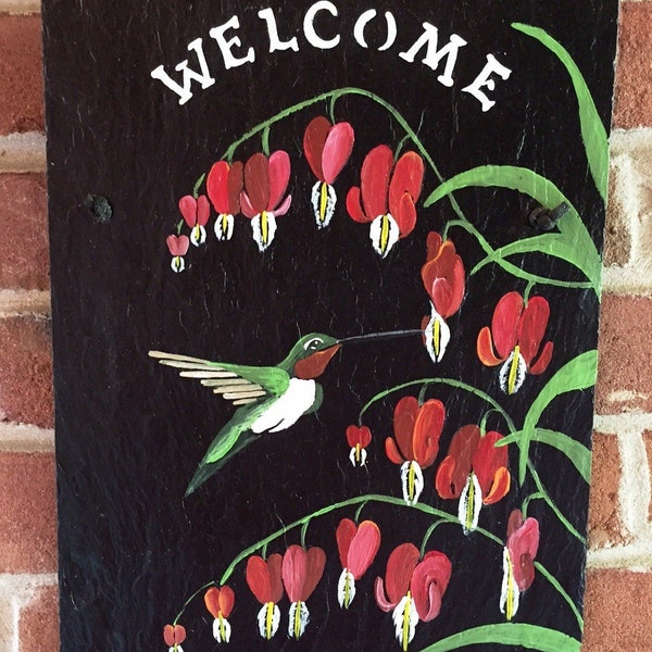 Handpainted Slate with Red Throated Hummingbird and Bleeding Hearts // Made to Order