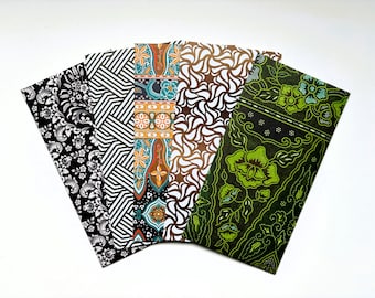 Green, black and gold geometric and batik money envelopes--set of 5 in wide or jumbo size