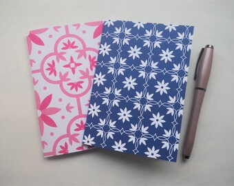 Pink and blue abstract floral tiles notebooks set of 2--for Mother's Day, Christmas, birthdays