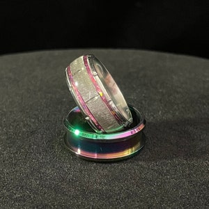 Stainless steel inlay ring, pink holographic inlay ring, narrow inlay ring, men’s ring, Womans ring, teen ring, wedding band,