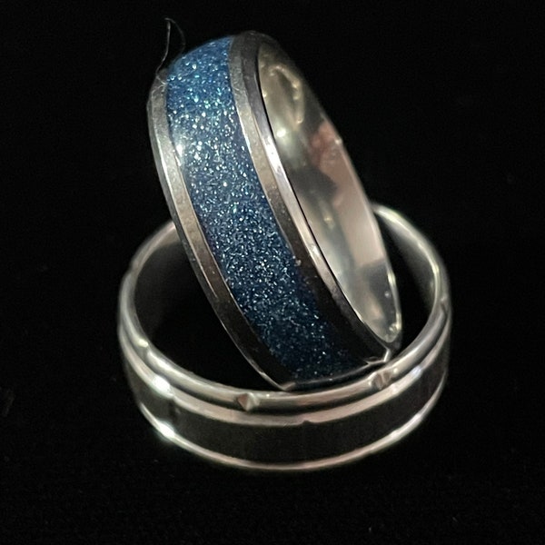 Size 11 Stainless steel blue resin inlay ring, blue sparkle inlay ring, resin ring,