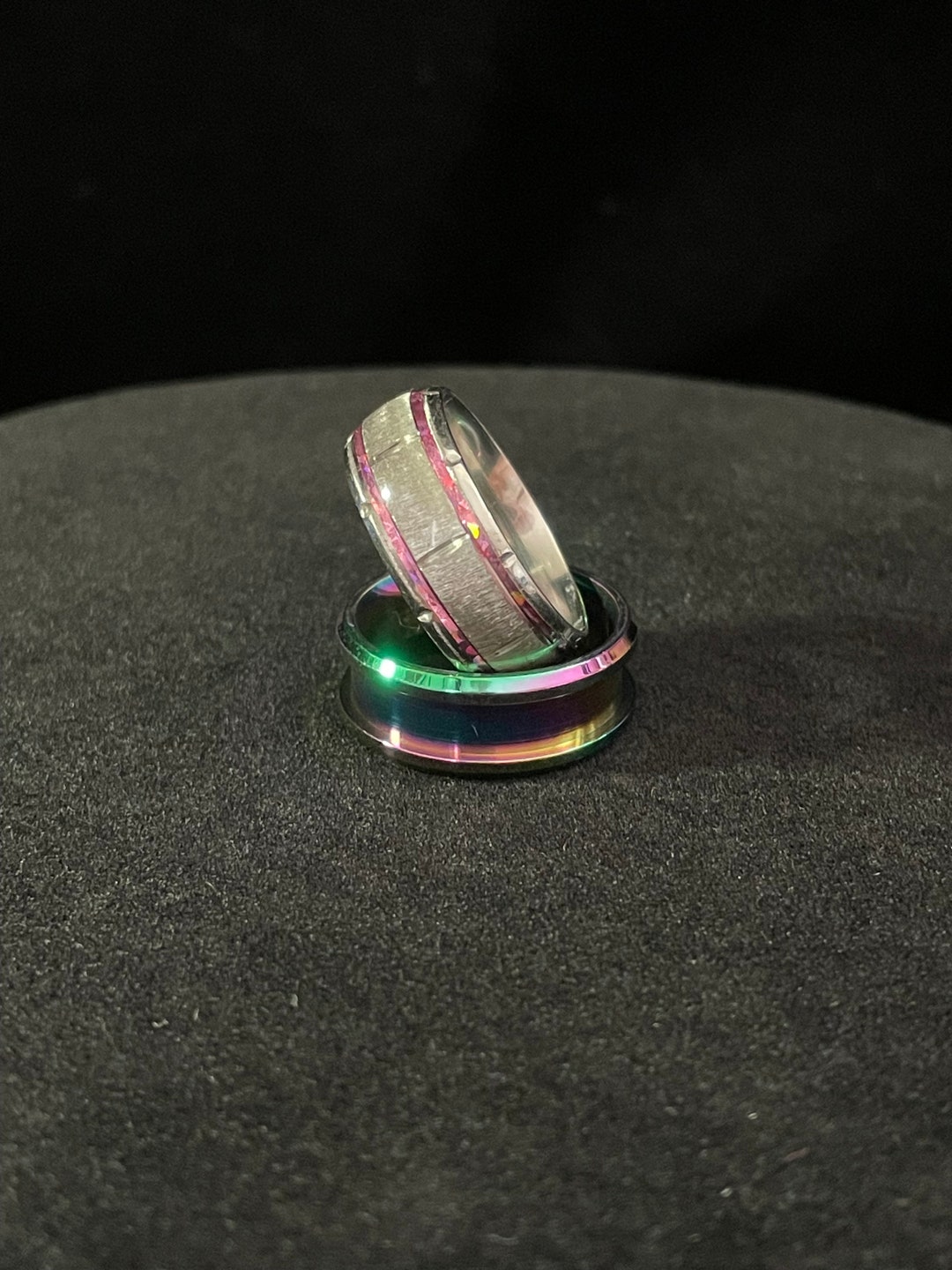 Stainless Steel Inlay Ring, Pink Holographic Inlay Ring, Narrow Inlay ...