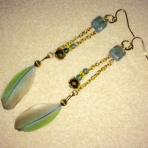 Feather Earrings, Naturally Moulted, Cruelty Free, Green Cheek Conure, Bohemian, Hippy, 1 Of A Kind, Very Unique