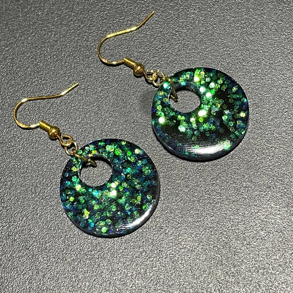 Blue/green/gold glitter round resin earrings, circle earrings. Glitter earrings.