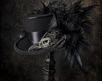 Gothic Mini Top Hat, Black Feathers, Roses, Bird Skull Accent, Steampunk Cosplay Accessory, Victorian Fascinator, Halloween