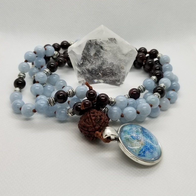 Hand-Knotted Garnet /& Aquamarine Mala with Silver Accents Original Cabochon Artwork