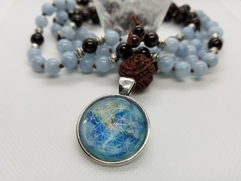 Hand-Knotted Garnet /& Aquamarine Mala with Silver Accents Original Cabochon Artwork