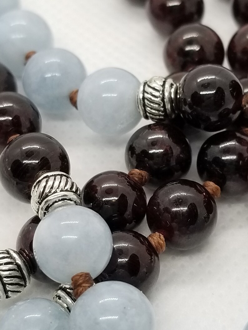 Hand-Knotted Garnet /& Aquamarine Mala with Silver Accents Original Cabochon Artwork