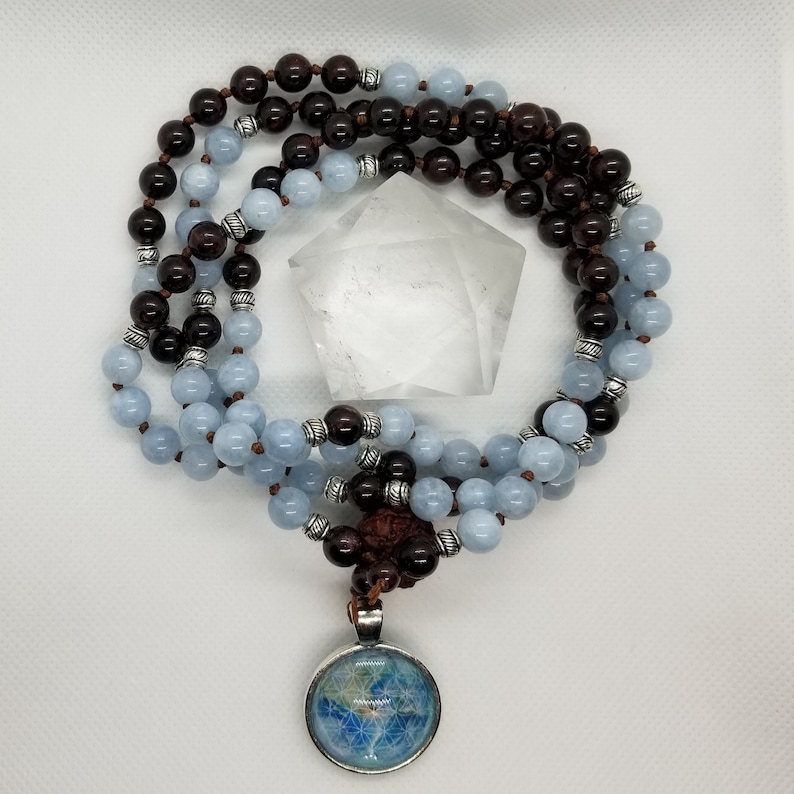 Hand-Knotted Garnet /& Aquamarine Mala with Silver Accents Original Cabochon Artwork