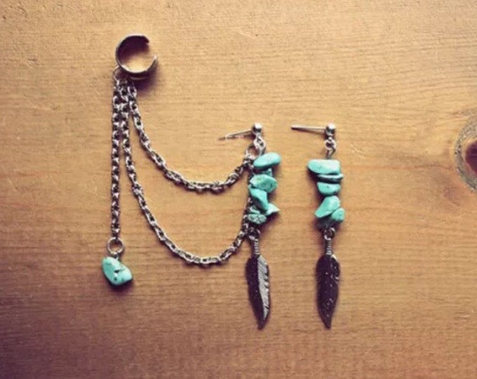 Turquoise & Silver Cuff Earring With Chain Etsy