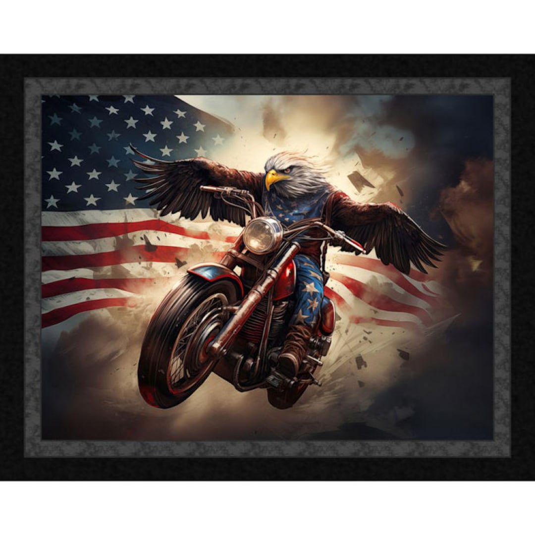American Freedom Rider, Eagle, Motorcycle, Patriotic Fabric Panel, 45
