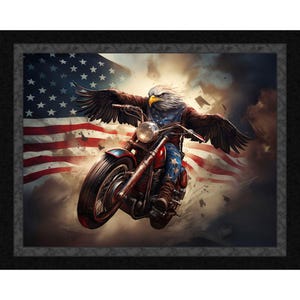 May include: A framed print depicts an eagle riding a red motorcycle against a backdrop of the American flag. The eagle, with outstretched wings, wears a patriotic outfit. The artwork has a dynamic, action-oriented feel, with a stormy sky adding to the dramatic effect.