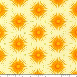 May include: A seamless pattern featuring a repeating design of stylized orange suns with yellow centers on a pale yellow background.