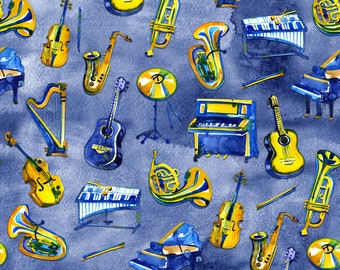 Music, Easy Listening, String and Brass Instruments on Blue, 100% Cotton, Sold by the Yard or 1/2 Yard, M1001-2