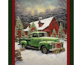 Christmas at the Barn, 1950s Green Chevy Truck, Snow, Quilt Panel, 36W x 44H, 100% Cotton, MDG-GRNT