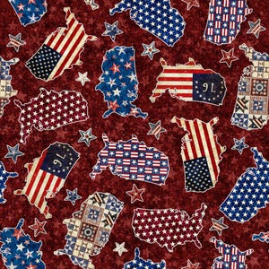 May include: A patriotic pattern featuring various US state outlines filled with American flags, stars, and stripes in red, white, and blue. The design includes star shapes on a dark red background.