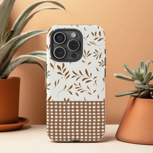 Natural Leave & Gingham Brown iPhone Case, Tough iPhone Case, Patchwork iPhone Case, Patchwork Phone Case, Gift for Her, White and Brown