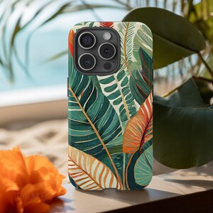 Red and Green Tropical Leaves Tough iPhone Case, Botanical Painting Art Phone Case, Protective iPhone Case, Beautiful Phone Case For Her