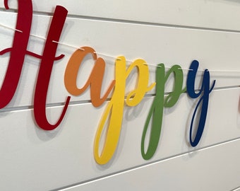 Personalized Rainbow Happy Birthday Banner in Custom Colors | Colorful Party Decor