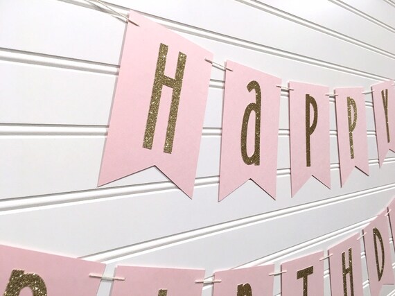 Happy Birthday Banner Pink And Gold Decorations First Etsy