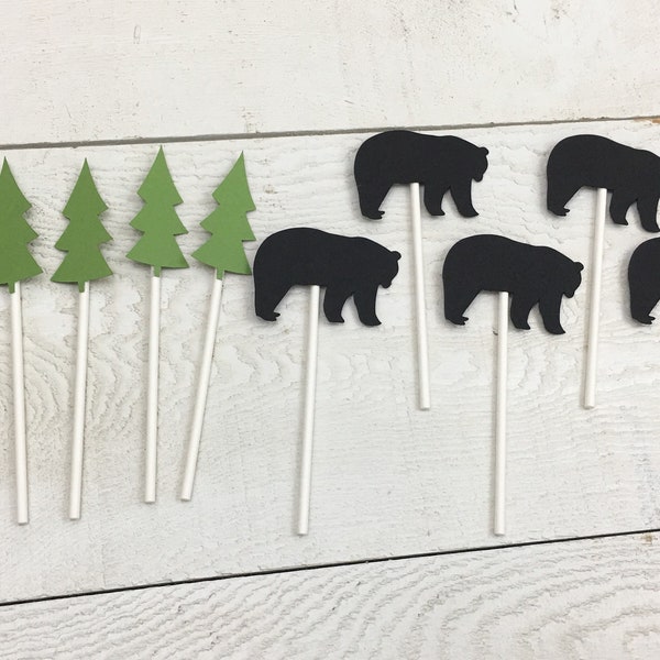 Bear and Tree Cupcake Toppers Set of 12 | Lumberjack Toppers | Black Bears | Tree Toppers |