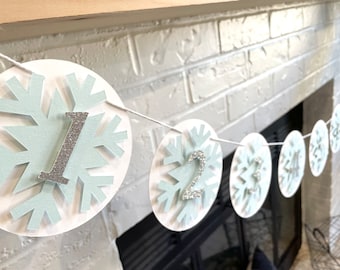 May include: A festive banner featuring circular cutouts with snowflake designs and glitter numbers 1 through 6. The snowflakes are light blue, and the numbers are silver. The banner is strung on a white string, perfect for holiday decor.