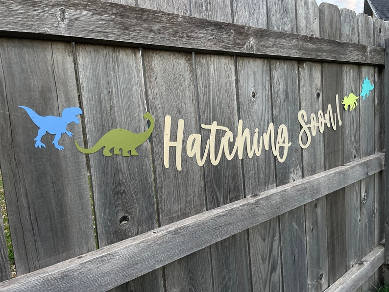 May include: A wooden fence with a sign that says "Hatching Soon!" in gold letters. There are several dinosaur cutouts in blue, green, and yellow.