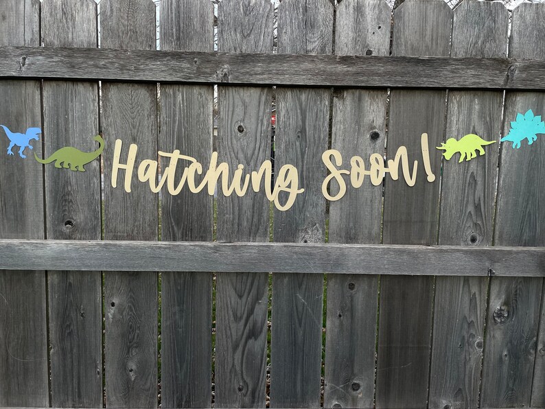May include: A wooden fence with a sign that says "Hatching Soon!"  There are paper cutouts of dinosaurs in blue, green, and yellow.