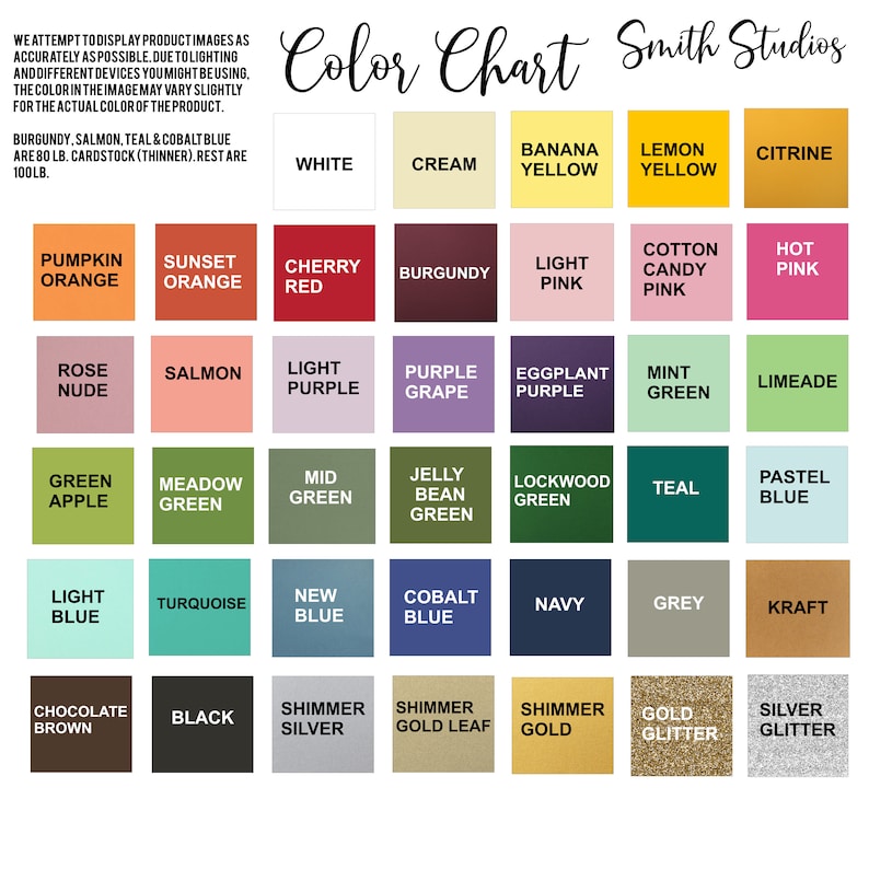 May include: A color chart from Smith Studios displays a variety of colors, including white, cream, and various shades of yellow, orange, red, pink, purple, green, blue, brown, and metallic options. The chart also includes glitter colors.
