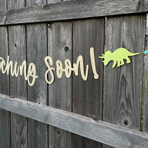 May include: A wooden fence with a sign that says "Hatching Soon!" in gold letters. There are several dinosaur cutouts in blue, green, and yellow.