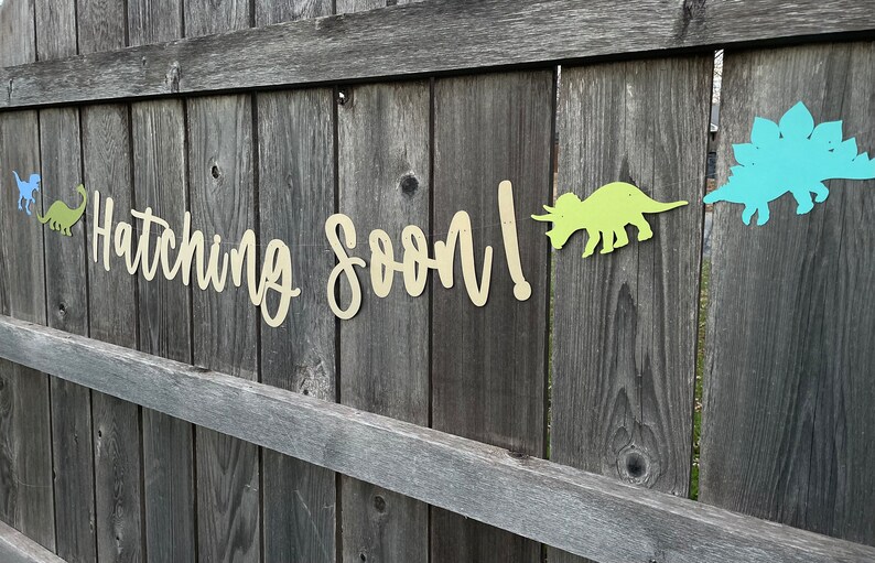 May include: A wooden fence with a sign that says "Hatching Soon!" in gold letters. There are several dinosaur cutouts in blue, green, and yellow.