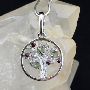 Precious Gatekeeper! Tree of Life with Genuine Faceted Moldavites and Bohemian Garnets in Sterling Silver Rhodium Plated Pendant