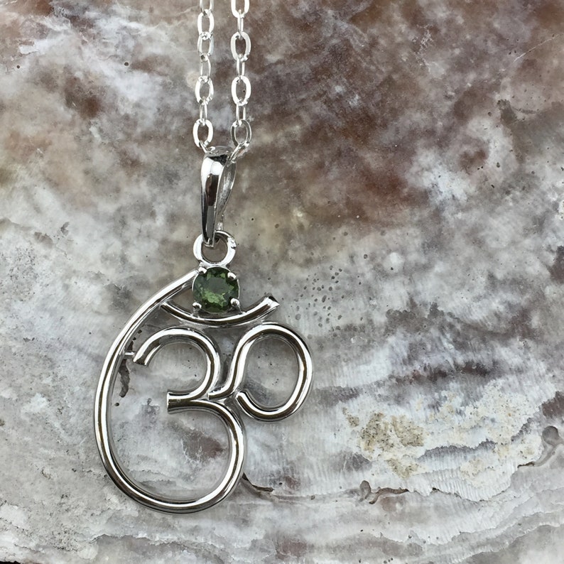Om Symbol 5mm Round Faceted Genuine Moldavite and Sterling Silver Rhodium Plated Pendant