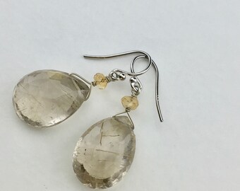 Golden Rutile Quartz and Citrine Sterling Silver Dangle Earrings (1-1)