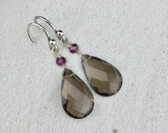 Beautiful Faceted Smoky Quartz and Garnet Earrings (3-1)