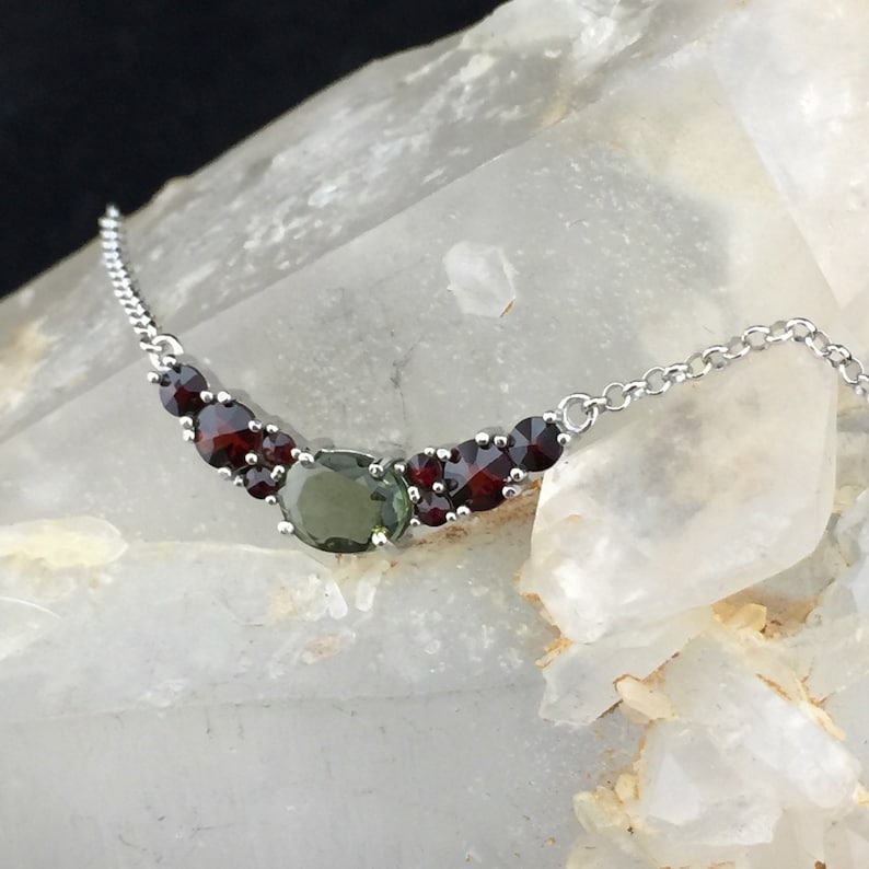 8-3 Genuine Czech Faceted Moldavite and Garnet Sterling Silver Rhodium Plated Necklace Czech Candy :