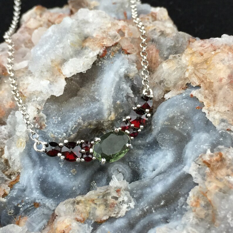 8-3 Genuine Czech Faceted Moldavite and Garnet Sterling Silver Rhodium Plated Necklace Czech Candy :