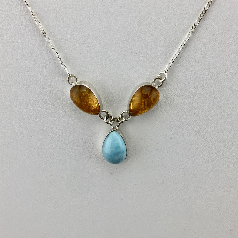 Dominican Amber and Larimar Sterling Silver Necklace 1-2 Gorgeous