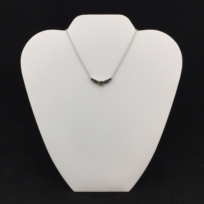 8-3 Genuine Czech Faceted Moldavite and Garnet Sterling Silver Rhodium Plated Necklace Czech Candy :