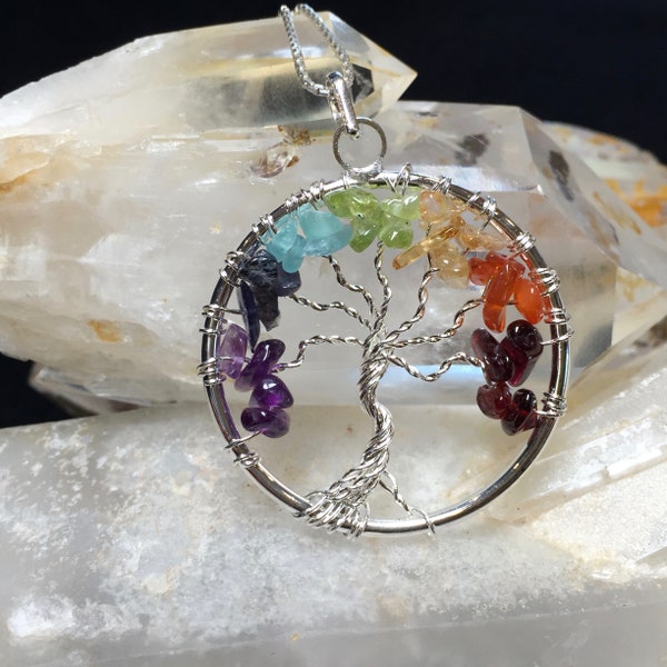 Silver Tree of Life Pendant With Gemstone Chakra Stack