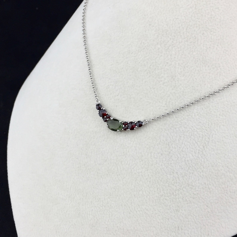 8-3 Genuine Czech Faceted Moldavite and Garnet Sterling Silver Rhodium Plated Necklace Czech Candy :