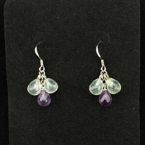 Dancing Duo! Amethyst and Prehnite Faceted Pear Shaped Gemstone and Sterling Silver Earrings (J-1)