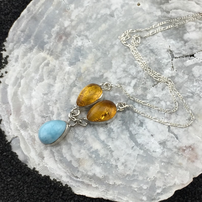 Dominican Amber and Larimar Sterling Silver Necklace 1-2 Gorgeous