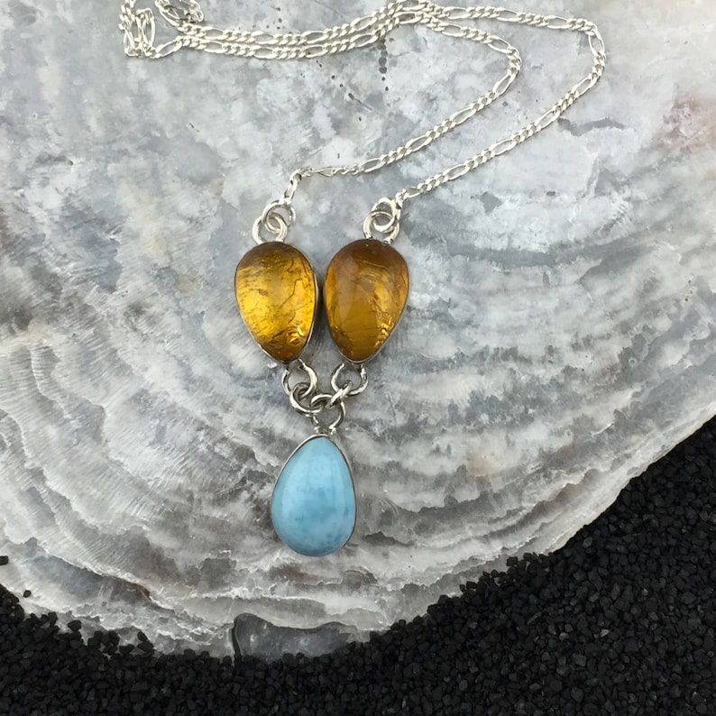 Dominican Amber and Larimar Sterling Silver Necklace 1-2 Gorgeous