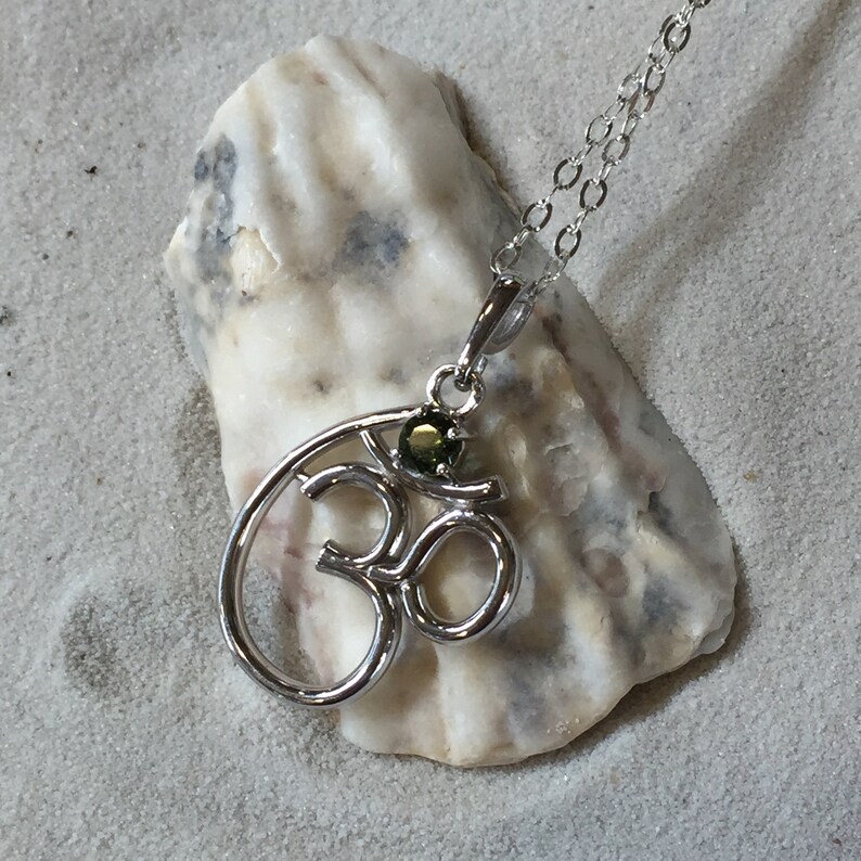 Om Symbol 5mm Round Faceted Genuine Moldavite and Sterling Silver Rhodium Plated Pendant
